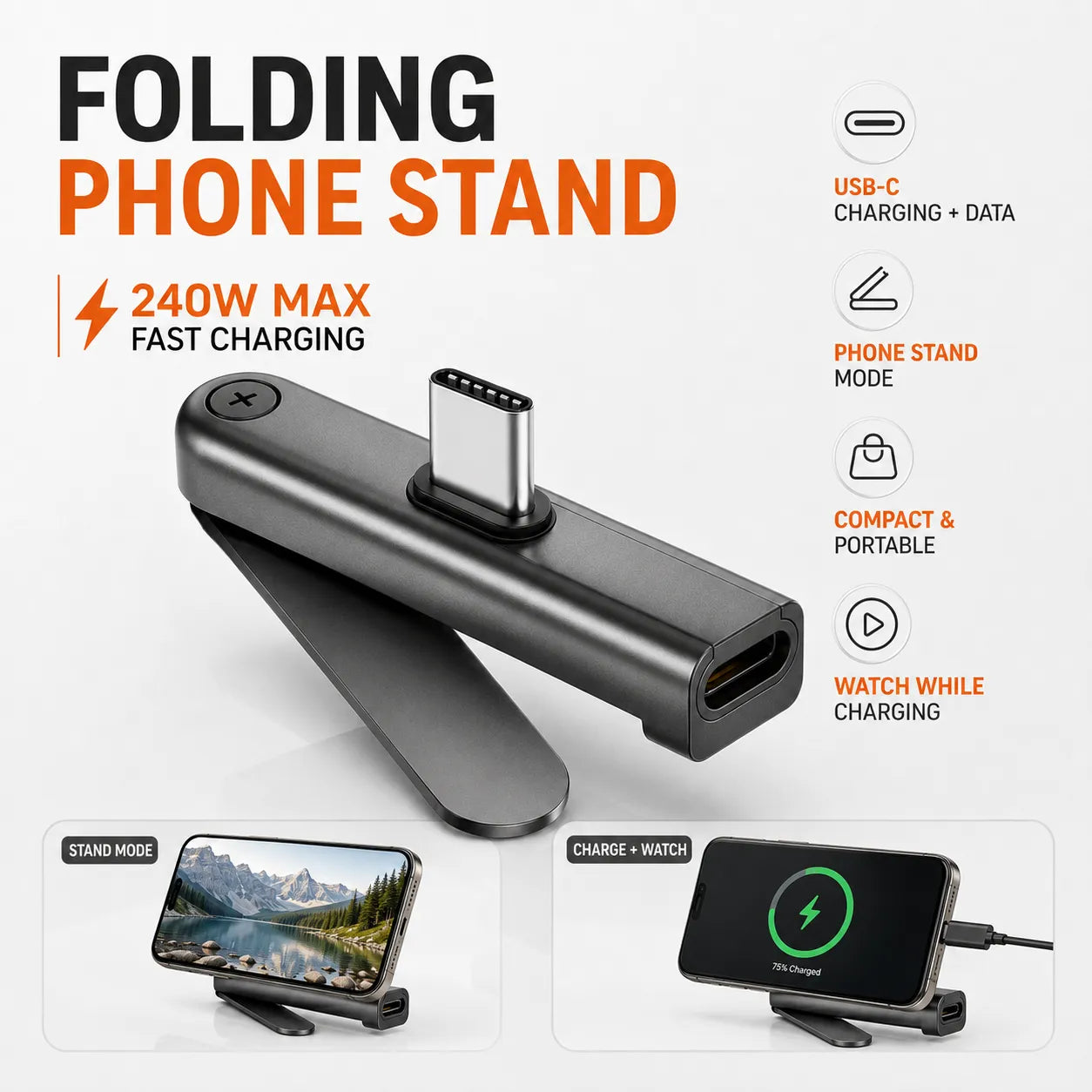Folding Phone Stand Charging Adapter 240W UAE - USB-C Fast Charging & Data Transfer Stand