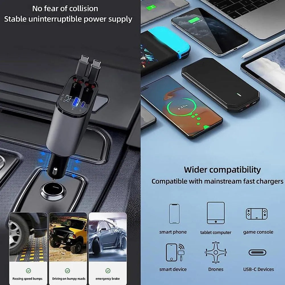 4-in-1 Retractable Car Charger with USB-C Cables UAE - PD Fast Charging Adapter with LED Display