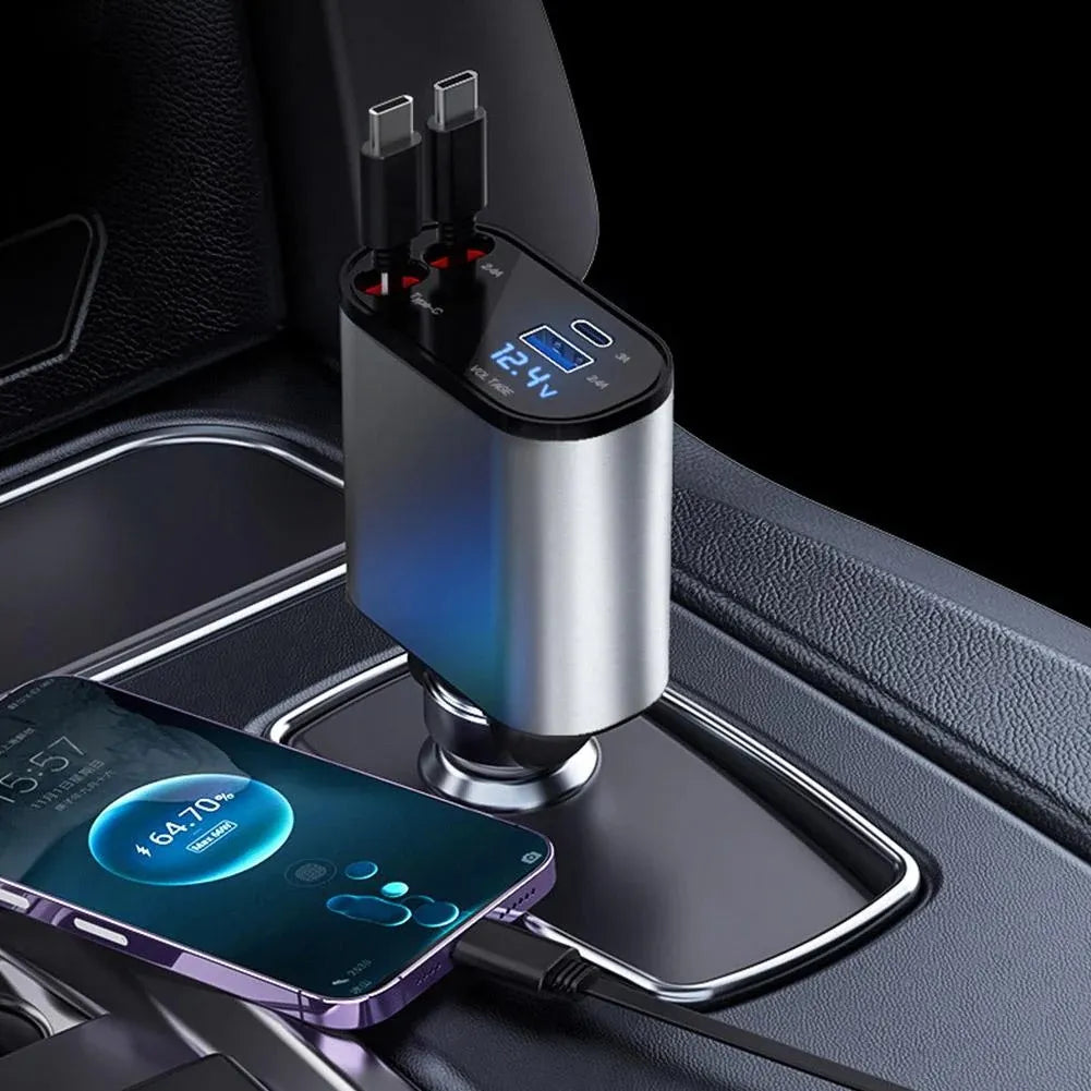 4-in-1 Retractable Car Charger with USB-C Cables UAE - PD Fast Charging Adapter with LED Display