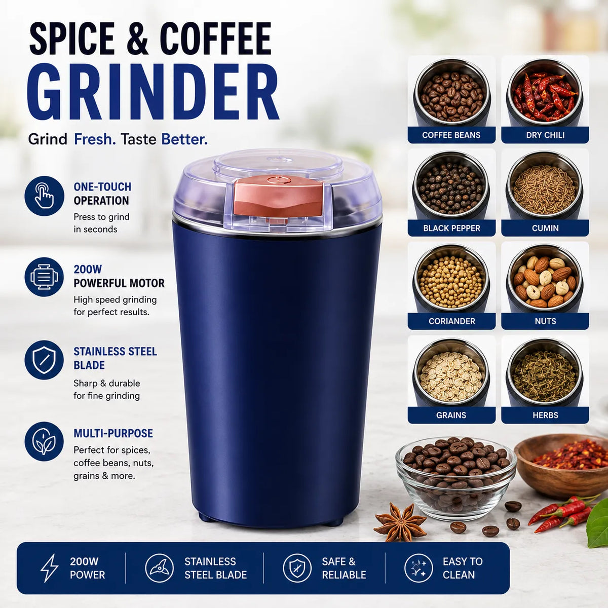 Compact Electric Spice & Coffee Grinder – 200W Multi-Purpose Grinder