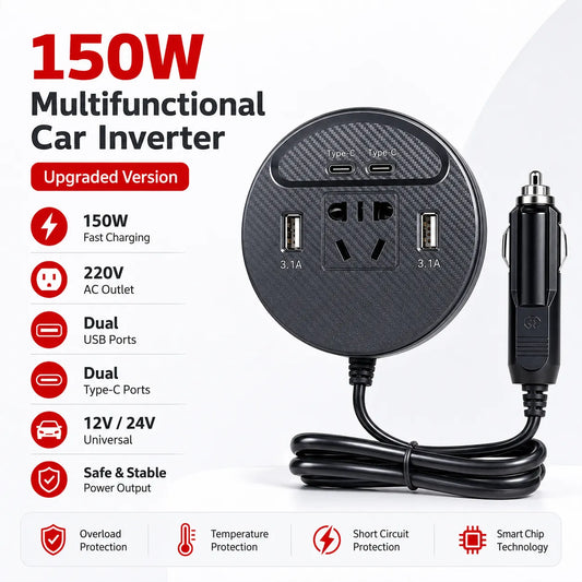150W Car Power Inverter with USB & Type-C Ports – 12V/24V to 220V Car Charger