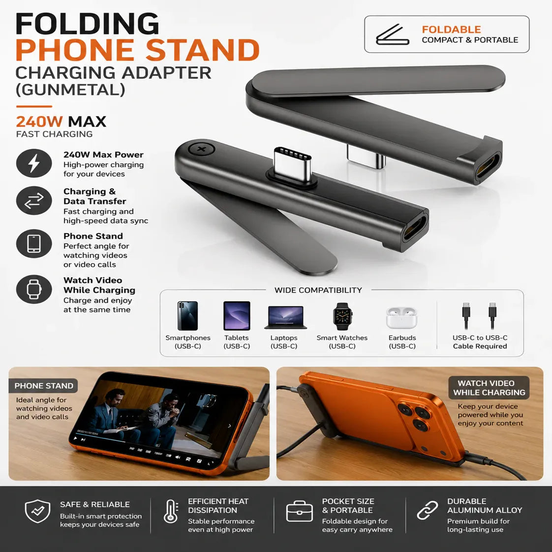 Folding Phone Stand Charging Adapter 240W UAE - USB-C Fast Charging & Data Transfer Stand