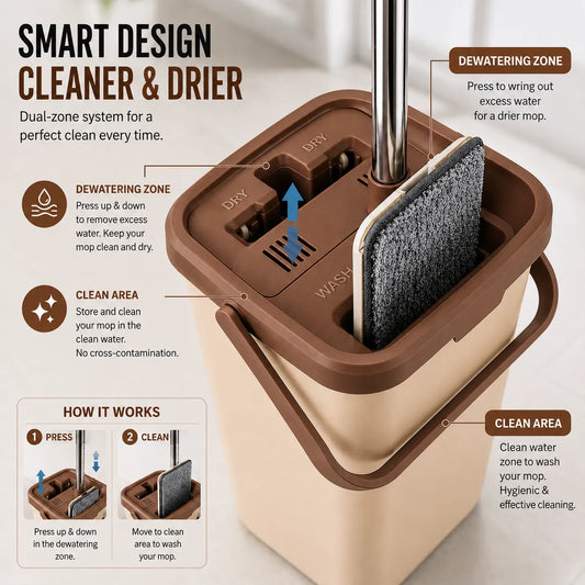 Flat Mop with Dual-Chamber Bucket – Self-Wringing Floor Cleaning Mop UAE