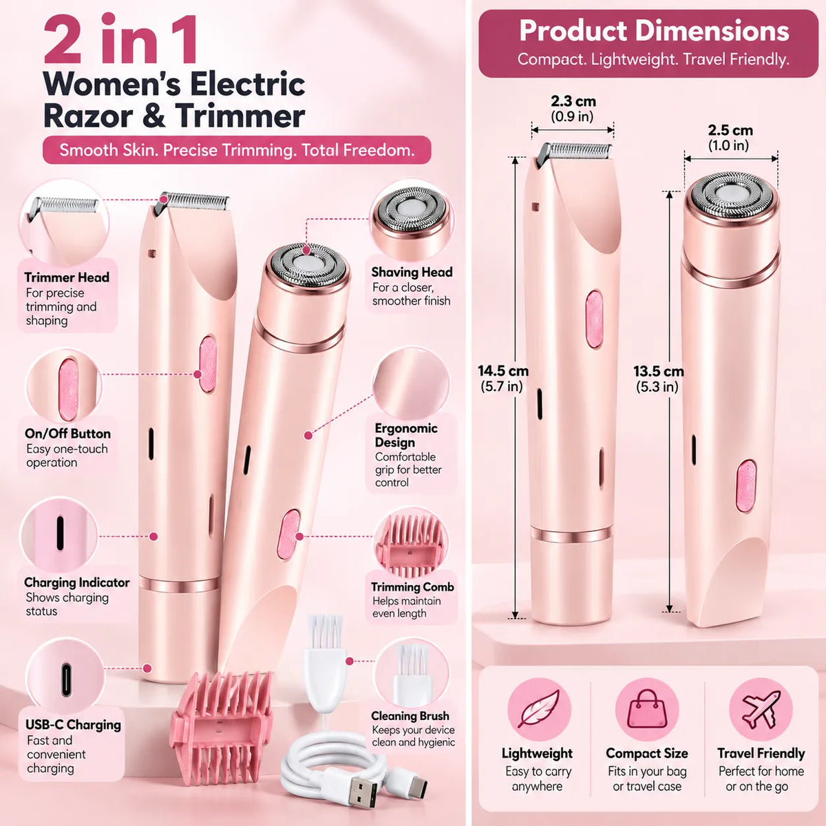 2-in-1 Women’s Electric Razor & Bikini Trimmer – Wet & Dry Rechargeable Shaver