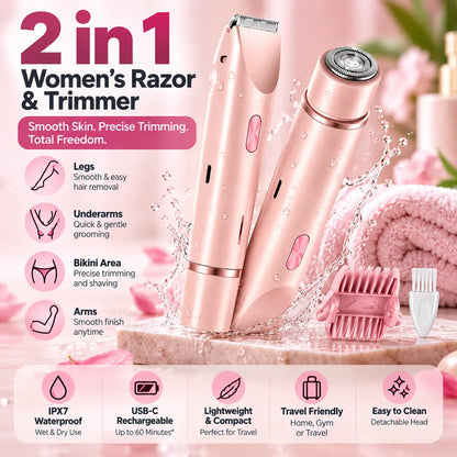 2-in-1 Women’s Electric Razor & Bikini Trimmer – Wet & Dry Rechargeable Shaver