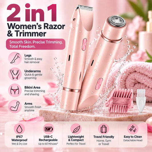 2-in-1 Women’s Electric Razor & Bikini Trimmer – Wet & Dry Rechargeable Shaver