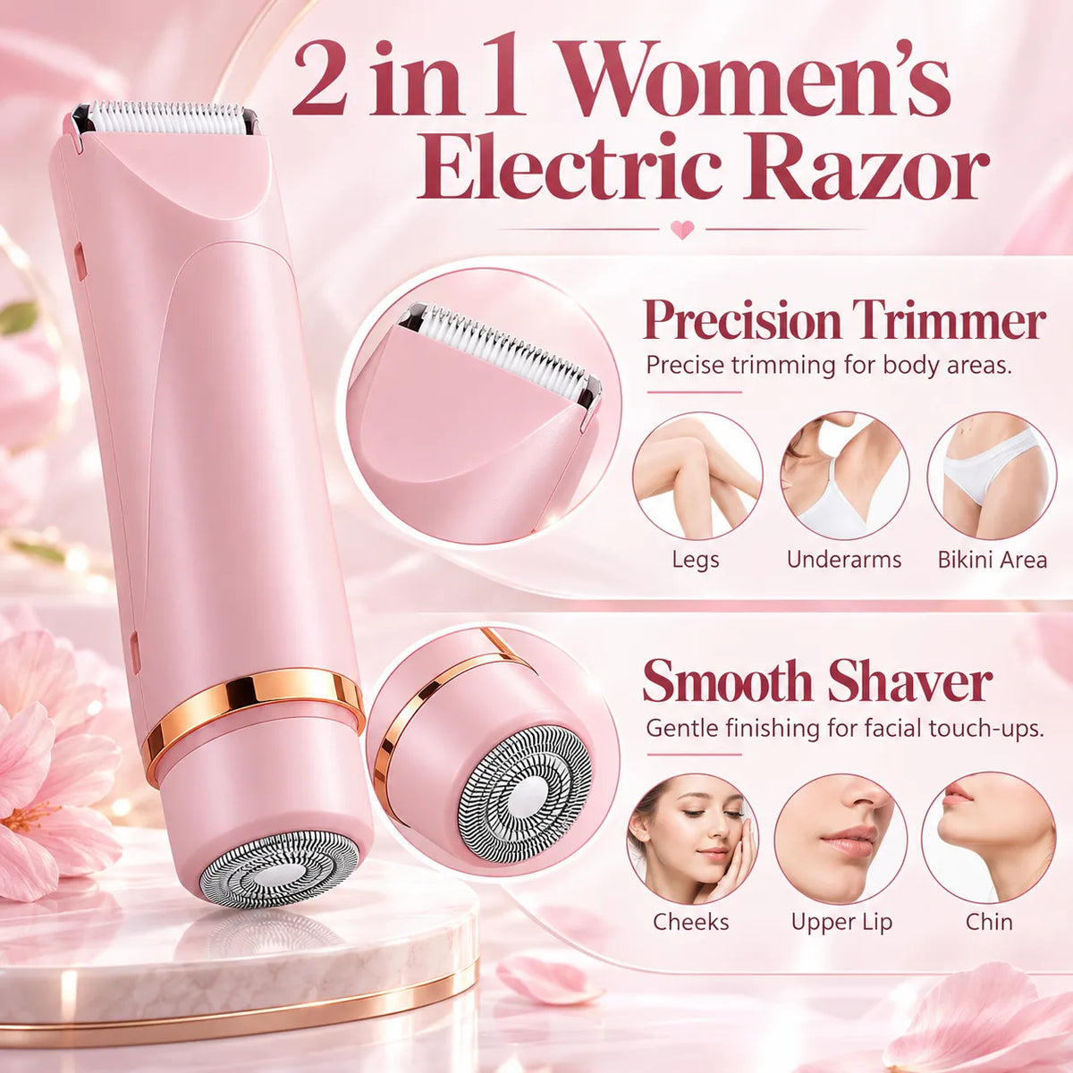 2-in-1 Women’s Electric Razor & Bikini Trimmer – Wet & Dry Rechargeable Shaver