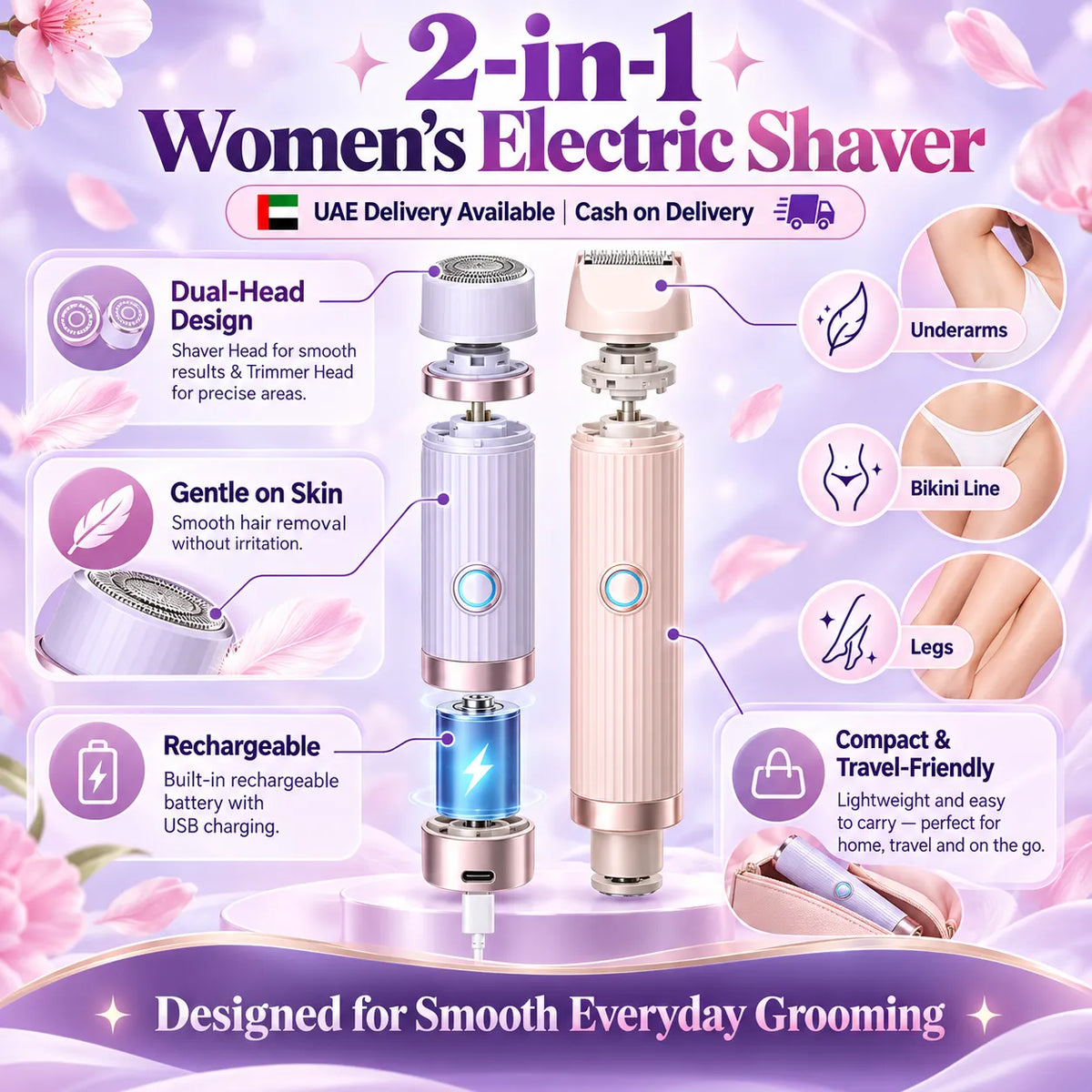 2-in-1 Women’s Electric Razor & Bikini Trimmer – Wet & Dry Rechargeable Shaver