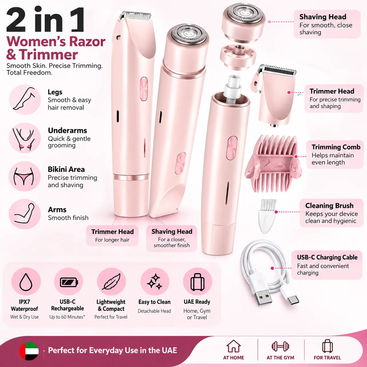 2-in-1 Women’s Electric Razor & Bikini Trimmer – Wet & Dry Rechargeable Shaver