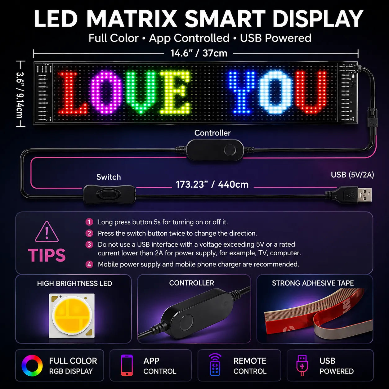Bluetooth LED Matrix Panel for Car & Shop Display UAE - RGB Programmable Message Sign