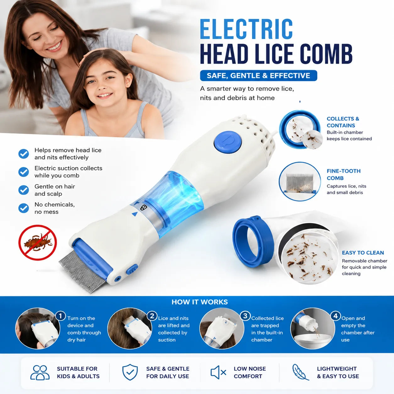 Electric Head Lice Remover Comb with Suction - Chemical-Free Lice & Nit Removal Tool UAE