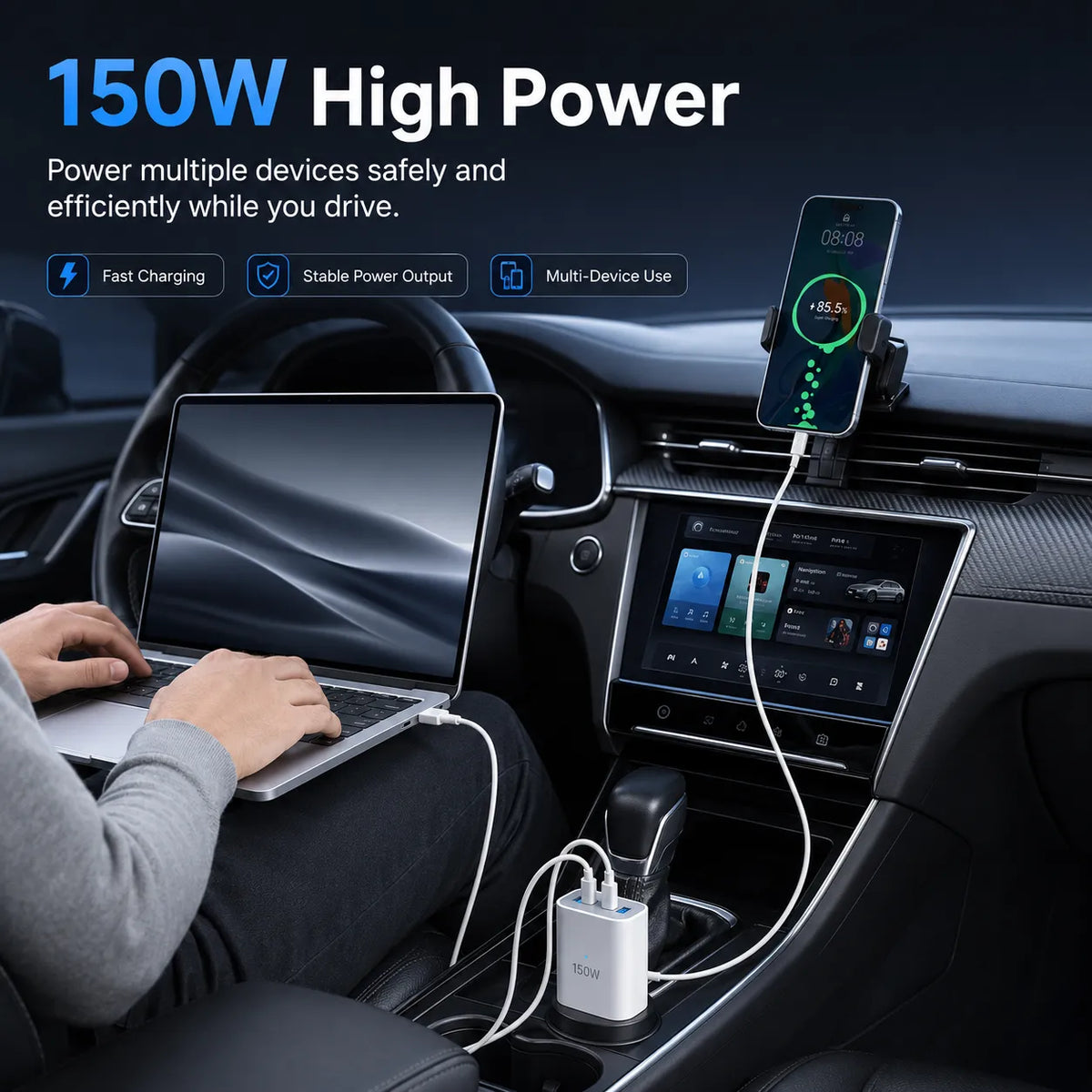 150W Car Power Inverter with USB & Type-C Ports – 12V/24V to 220V Car Charger