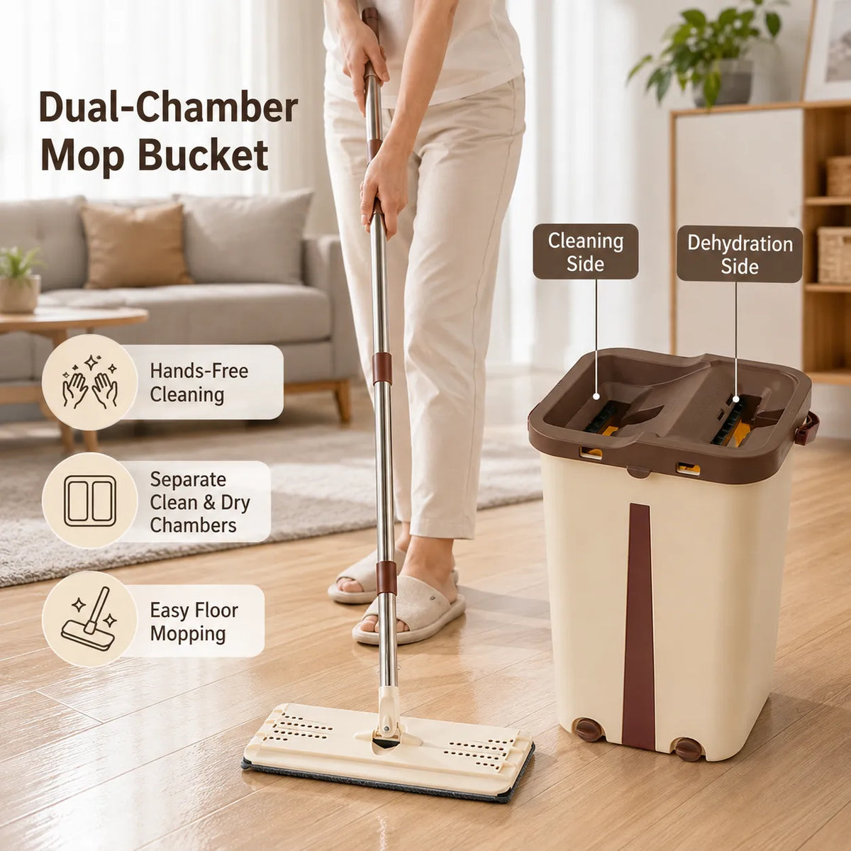 Flat Mop with Dual-Chamber Bucket – Self-Wringing Floor Cleaning Mop UAE