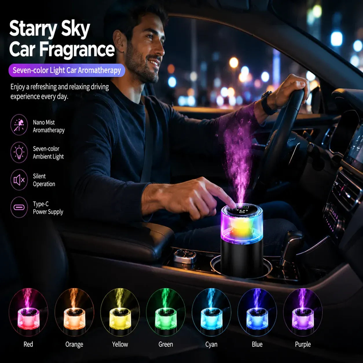 Starry Sky Car Fragrance Diffuser UAE - LED Ambient Light Car Air Freshener for Cup Holder