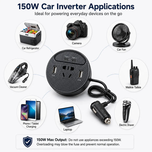150W Car Power Inverter with USB & Type-C Ports – 12V/24V to 220V Car Charger