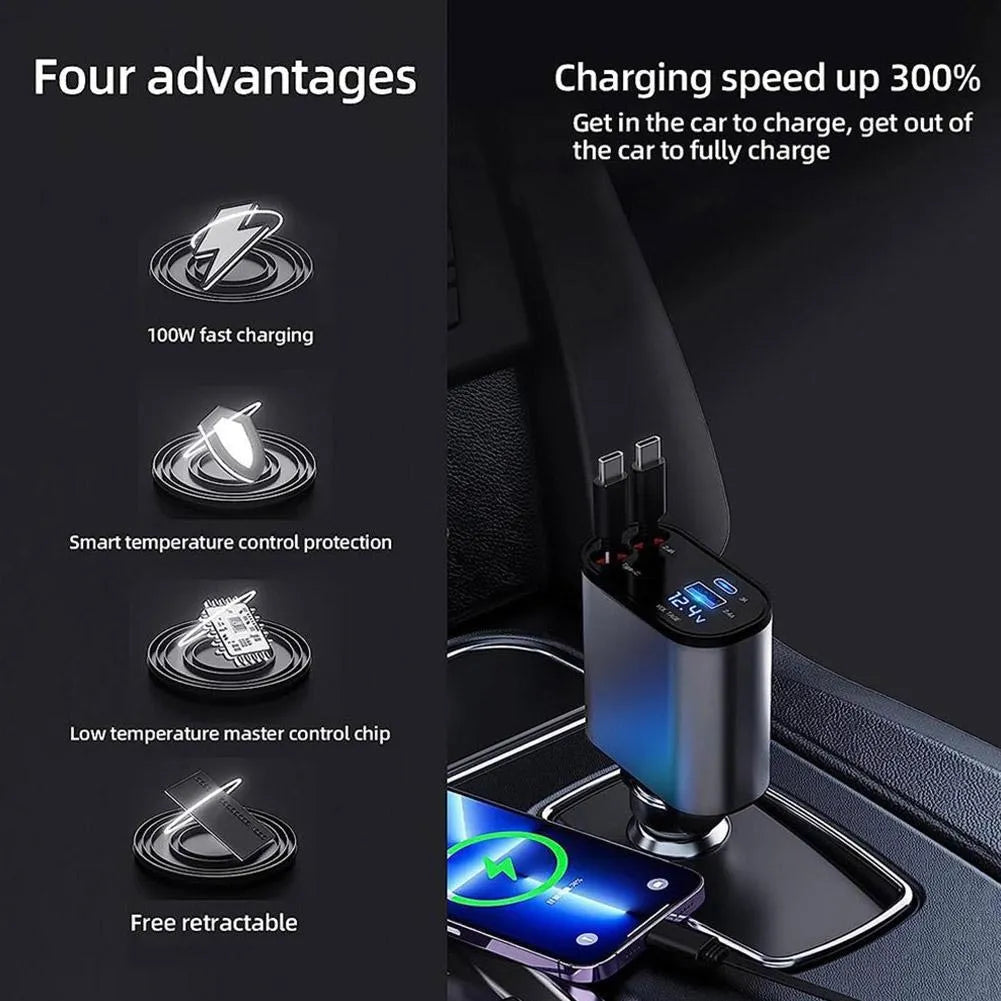 4-in-1 Retractable Car Charger with USB-C Cables UAE - PD Fast Charging Adapter with LED Display