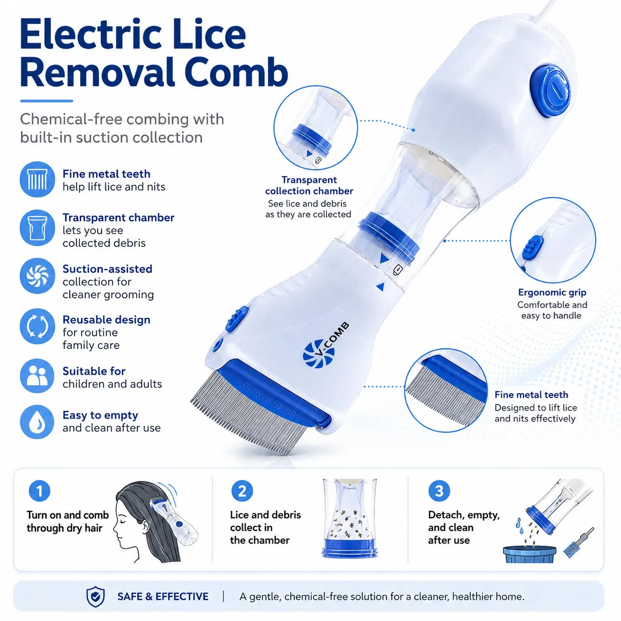 Electric Head Lice Remover Comb with Suction - Chemical-Free Lice & Nit Removal Tool UAE