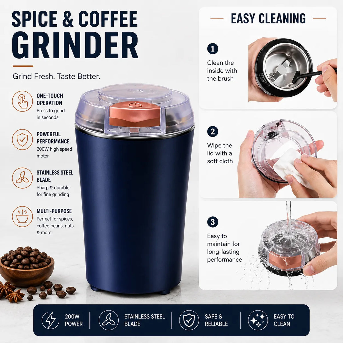Compact Electric Spice & Coffee Grinder – 200W Multi-Purpose Grinder