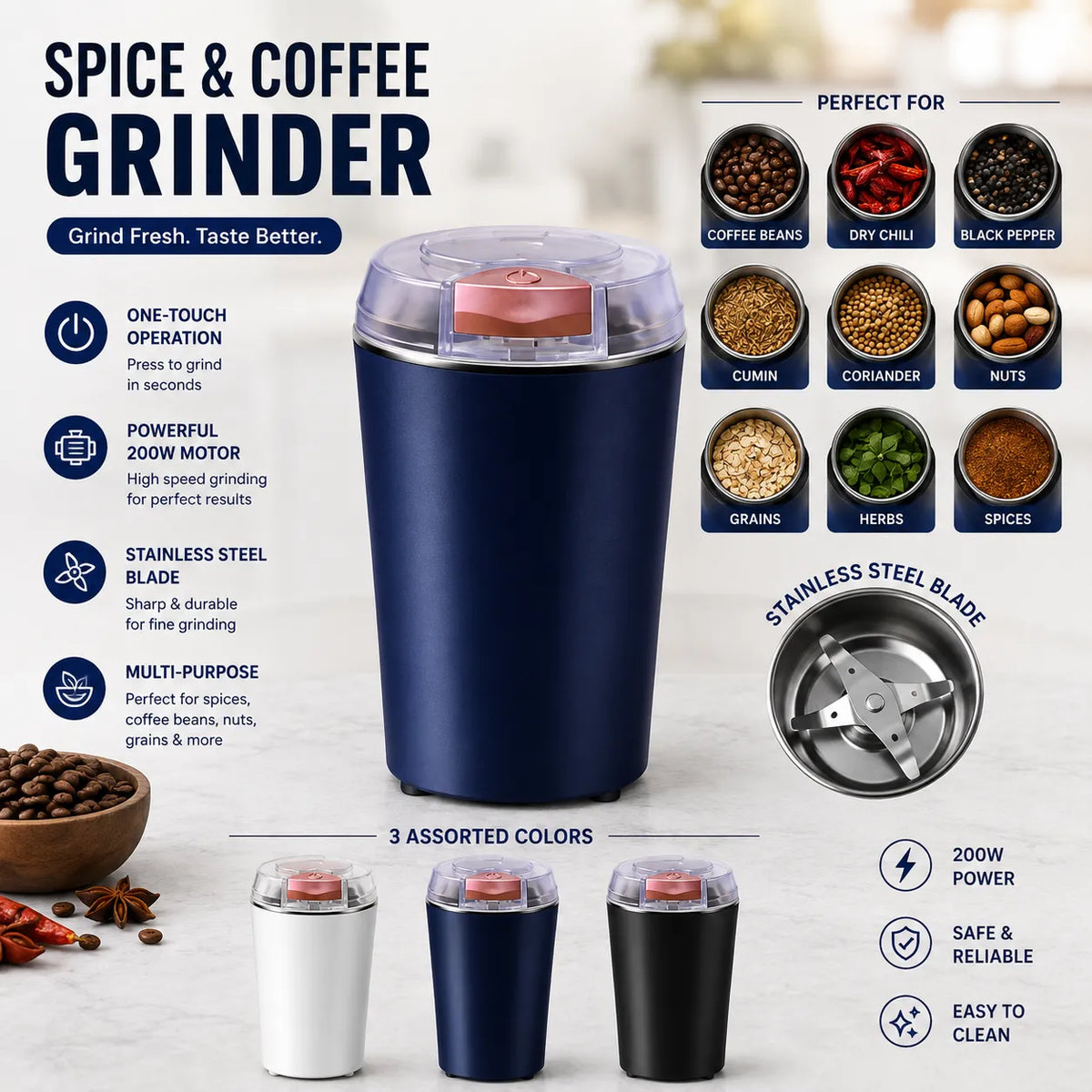 Compact Electric Spice & Coffee Grinder – 200W Multi-Purpose Grinder