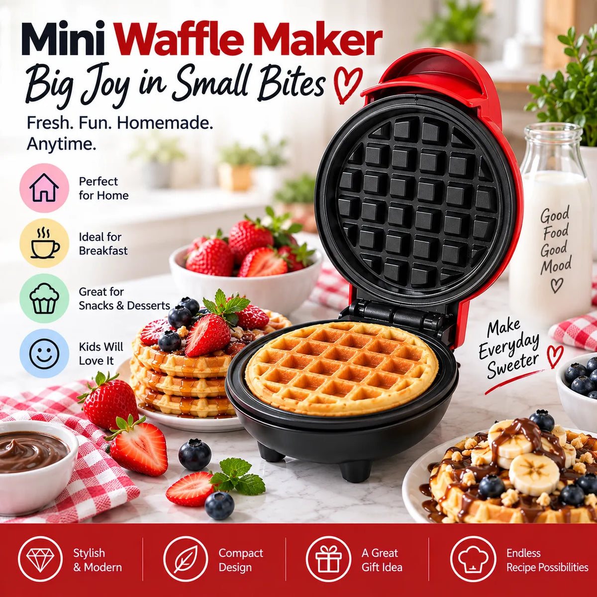Electric Mini Waffle Maker – Compact 4" Non-Stick Breakfast Maker