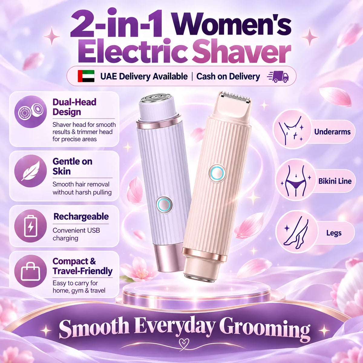 2-in-1 Women’s Electric Razor & Bikini Trimmer – Wet & Dry Rechargeable Shaver