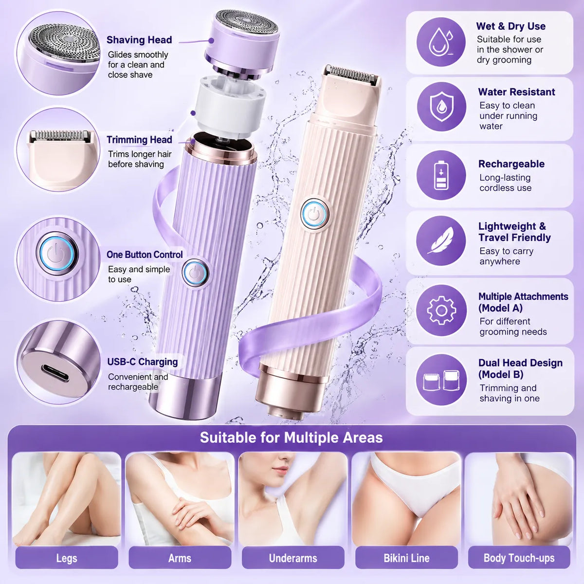 2-in-1 Women’s Electric Razor & Bikini Trimmer – Wet & Dry Rechargeable Shaver