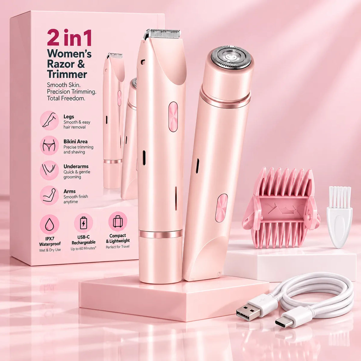 2-in-1 Women’s Electric Razor & Bikini Trimmer – Wet & Dry Rechargeable Shaver
