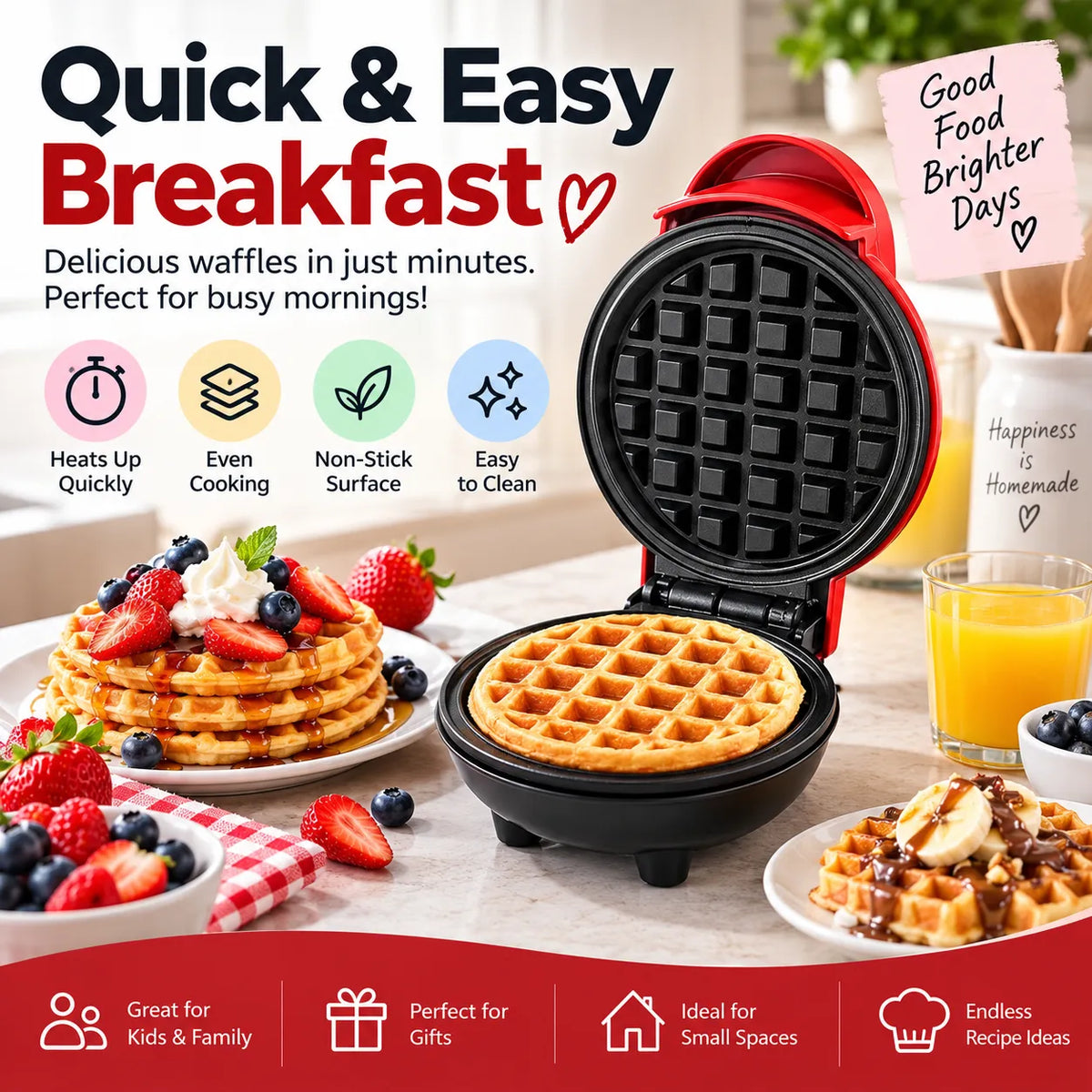Electric Mini Waffle Maker – Compact 4" Non-Stick Breakfast Maker