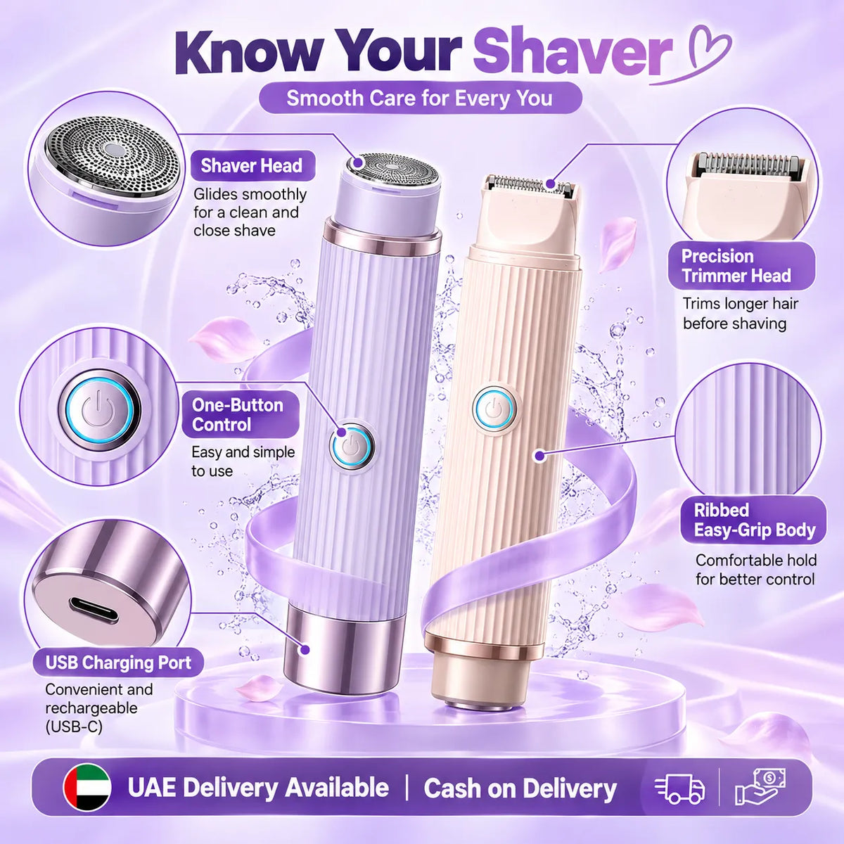 2-in-1 Women’s Electric Razor & Bikini Trimmer – Wet & Dry Rechargeable Shaver